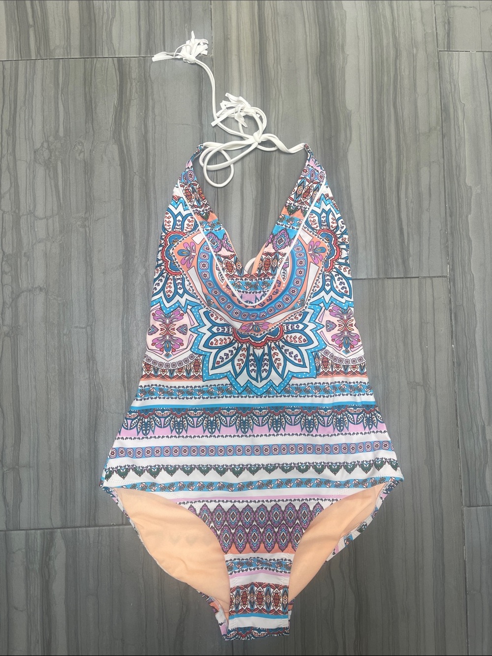 Jessica Simpson Blue & Pink Printed Halter One-Piece Swimsuit